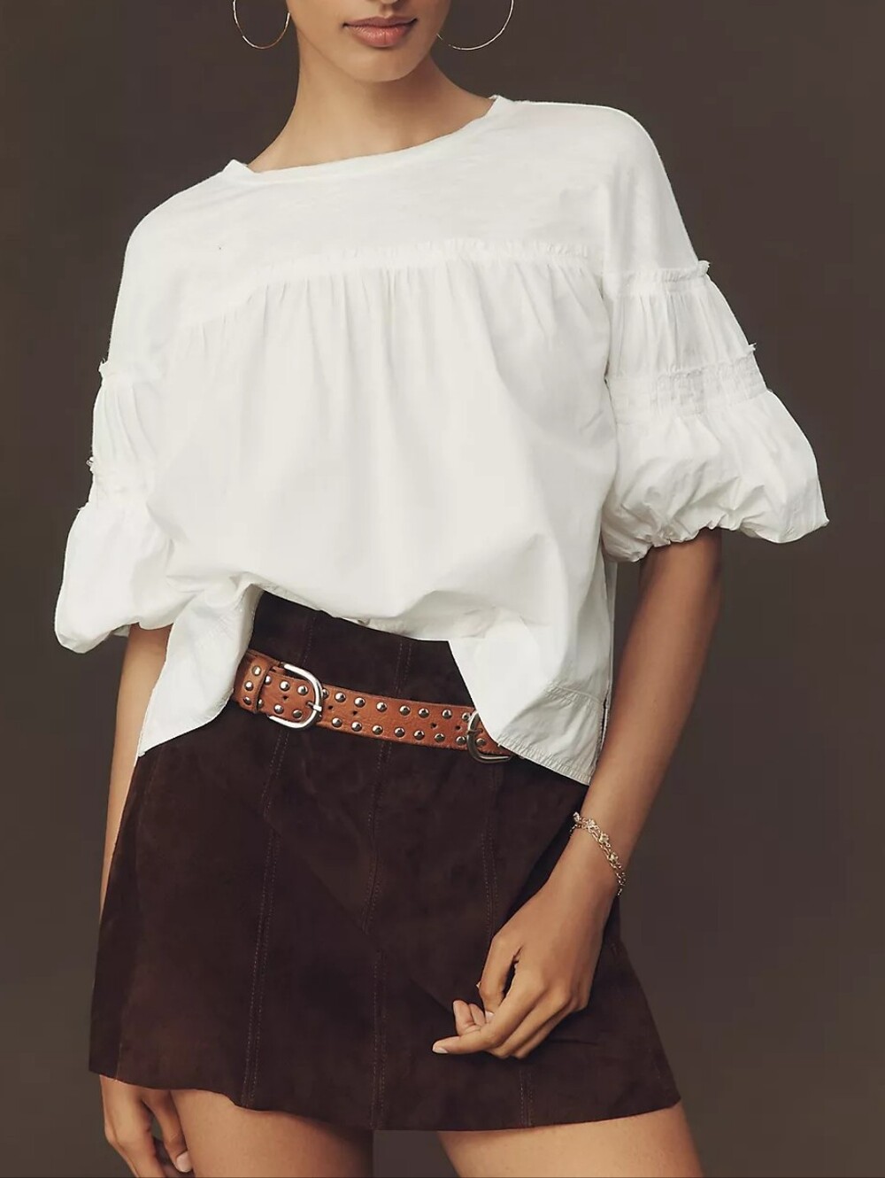 PILCRO ruched bell ruffle sleeve boxy blouse